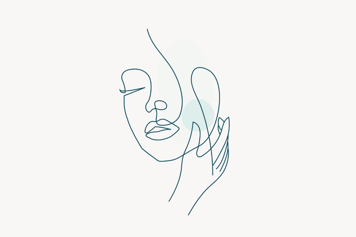 Minimalist line art illustration of a hand gently touching a person's jaw, representing the targeted relief of TMJ massage therapy in London.