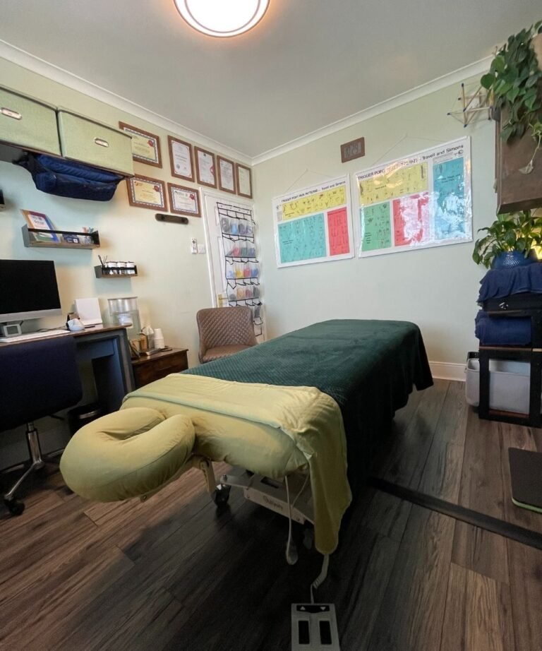 A professional view of Steven Murdoch's London clinical treatment room, featuring a therapy table and anatomical trigger point charts, serving as the professional base for specialist online TMJ consultations.