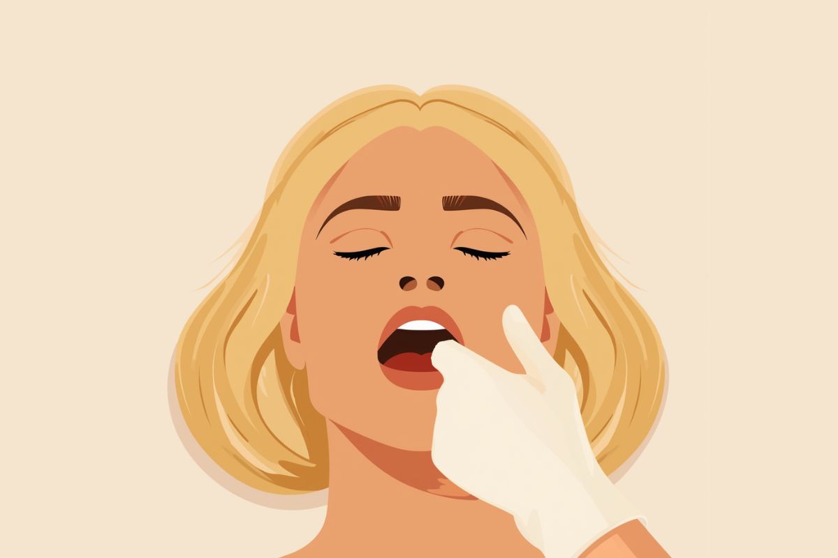Illustration of intra-oral TMJ jaw release massage — a gloved hand working inside the mouth to release jaw tension